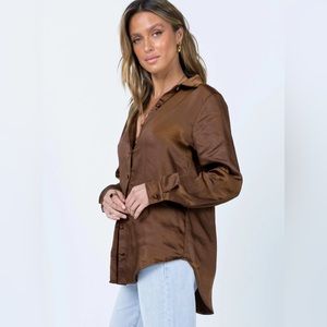 Satin Button Down - Size 8 - Vintage Vibes Shirt Brown - Princess Polly